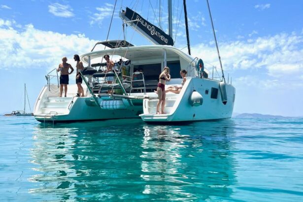 Sailing Athens - Catamaran Anchored in Turquoise Water